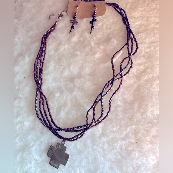 Bronze Neutral Hematite Cross Jewelry Set - Picture 2 of 11